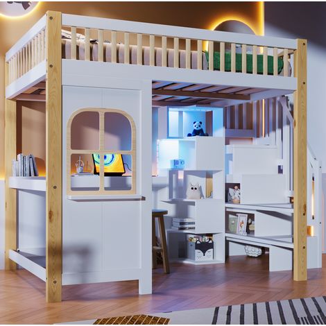 DESVIAE Lit mezzanine enfant 140 x 200 cm avec éclairage led bureau rangements échelle de rangement fenêtre décorative pin blanc et naturel (1/4)