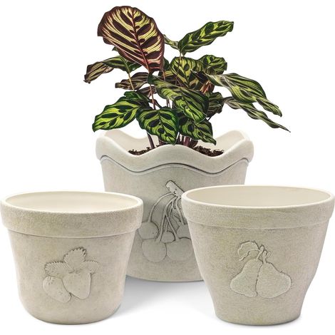 Lot de 3 pots de fleurs avec trous de drainage - 17,5/19/21 cm - Aspect béton - En plastique - Motif fruits - Pour intérieur et extérieur - Beige (1/5)