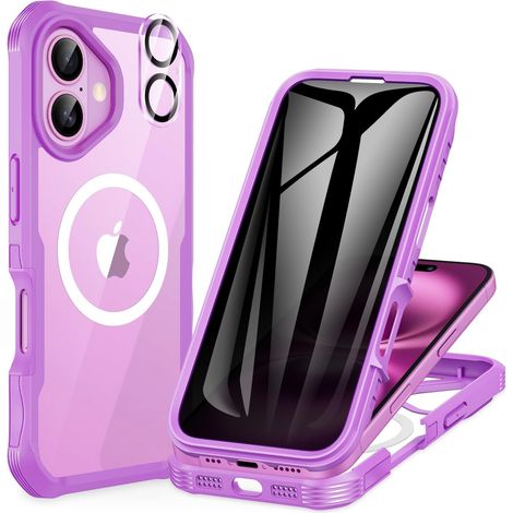 Magnétique Anti Espion Coque iPhone 16 Plus, Compatible avec MagSafe intégré Verre Trempé Protection écran et Protecteur Caméra, Antichoc Téléphone Housse Double Etui Intégrale - Rose Rouge (1/5)
