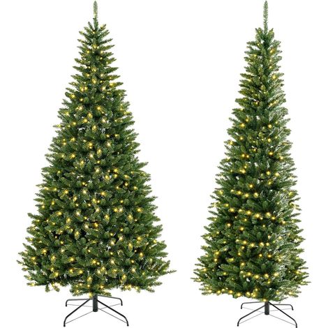 COSTWAY Albero di Natale Artificiale da 240 CM per Angolo, Albero di Natale Pre-illuminato con 360 Luci LED Bianche Calde, 1137 Rami e Supporto in Metallo, Decorazione Festiva Salvaspazio per Casa (1/5)