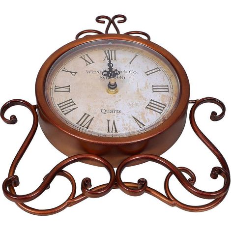 Horloge de table rétro en fer forgé de style européen, idéale pour décorer un bureau ou un meuble (marron). (1/4)