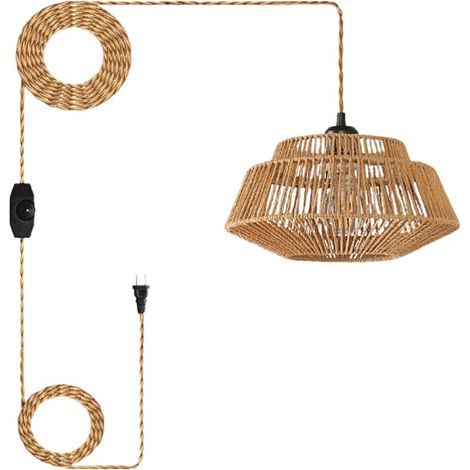 AUTRUCKER Lustre en forme de chapeau de paille de style français, lustre en rotin à brancher, luminaire suspendu, ampoule non incluse, prise standard européenne (1/5)