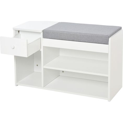 Banquette à chaussures avec coussin, tiroir et 3 compartiments ouverts en bois, 81x31.5x49cm, Blanc (1/5)