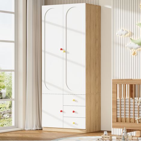 Kleiderschrank mit 2 Türen, 3 Schubladen und Kleiderstange, weiß, 80x45x200 cm (1/5)