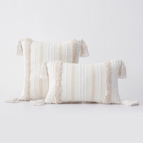 Lot de 2 Boho Housse de Coussin, Décoratives Doux Taies d'oreiller 30x50cm avec Tufted Tassel Coussin Décoration D'intérieur Housse Coussins pour Canapé Lit Chaise Chambre Salon, Beige (1/4)