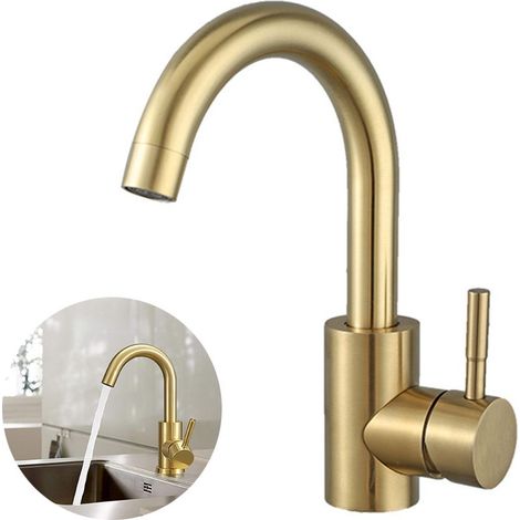 Ecleanfy - Robinet de lave-mains doré brossé – Mitigeur lavabo pivotant 360° – Acier inoxydable 304 – Économie d'eau 30% – Montage au pont (1/5)