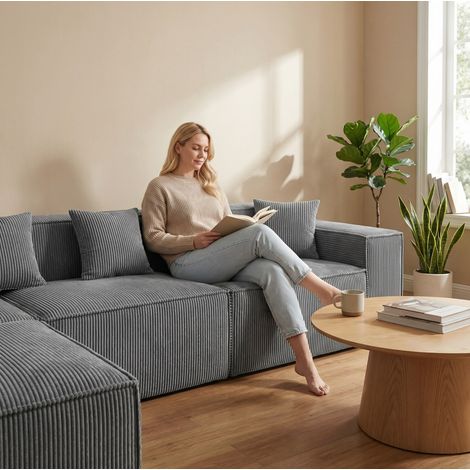 Sofá modular de 3 plazas con tela de cordón gris y espuma, diseño en L configurable con portavasos y bolsillo lateral (1/5)