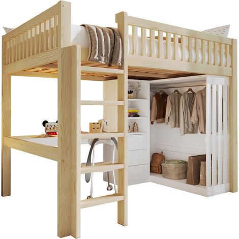 Hochbett 140 x 200 Cm Mit Schreibtisch, Kleiderschrank, 3 Schubladen Und Offenem Stauraum, Ohne Matratze, Aus Kiefernholz, Natur (1/5)