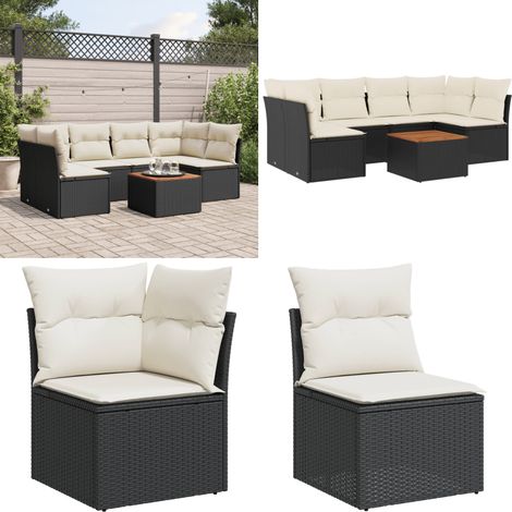 7-tlg. Garten-Sofagarnitur mit Kissen Schwarz Poly Rattan - Gartenmöbel Set - PE-Rattan Möbel - Outdoor Sofa - Esstisch - Lounge Set - Home & Living (1/5)