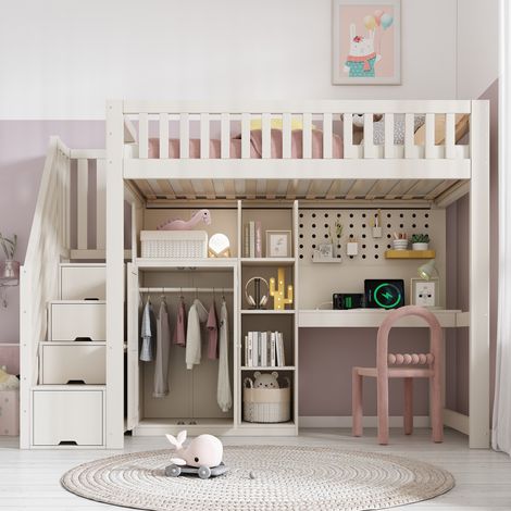 Lit mezzanine enfant 90 x 200 cm blanc sans matelas. Bureau, armoire et étagères intégrées, ports USB-C, économe d'espace