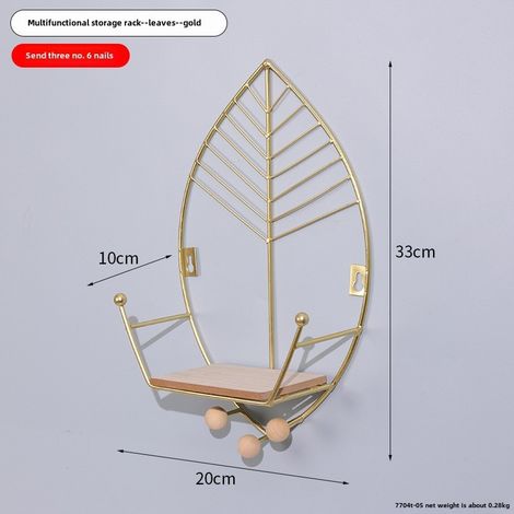 Estantería metálica de pared creativa para salón, recibidor o dormitorio con espacio para guardar llaves (7704T-05 HOJAS DORADAS) (1/5)