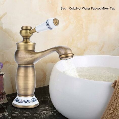 Poignée de lavabo rétro à une main, poignée de lavabo en céramique, porcelaine bleue et blanche, grande taille, motif floral rétro, avec starter, poignée eau chaude/froide, cuisine, salle de bain (ant (1/4)