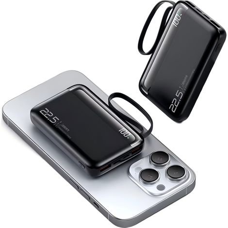 Batterie externe 10 000 mAh avec charge rapide 22,5 W, 4 câbles intégrés, compatible avec la charge simultanée de 6 appareils - Noir (1/5)