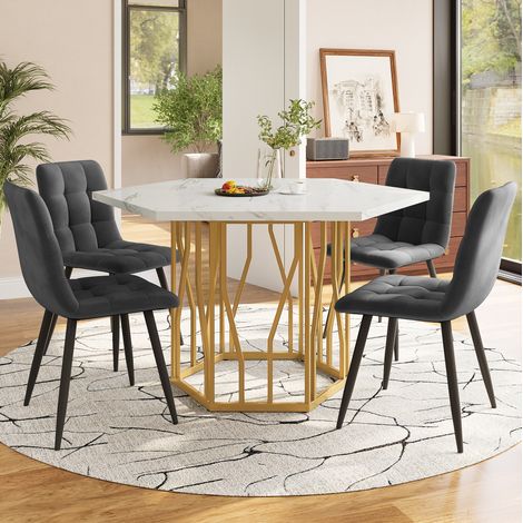 Set tavolo da pranzo e sedie 5 pezzi esagonale effetto marmo bianco e oro HAVRYA (1/5)