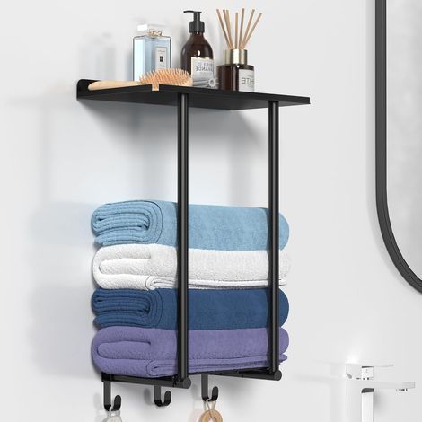 Porte-serviette mural noir en acier inoxydable 2 pôles 3 crochets 21x40x16cm pour 6 serviettes salle de bain (1/5)