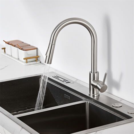 Robinet de cuisine mitigeur 360° avec douchette extractible – Acier inox brossé – 2 modes de pulvérisation – Hauteur sous bec 179mm