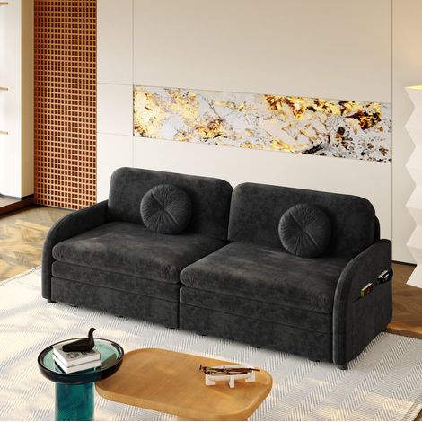MODFU – Sofá cama 3-en-1 deslizante 166x84x90 cm de chenilla con cama doble, chaise longue, bolsillos laterales y estructura de madera/metal para estudio – Negro (1/5)