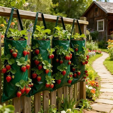 Vert 6 trous Strawberry plantation sac, sac de plantation de fleurs suspendu pour la plantation de patio (4pcs)