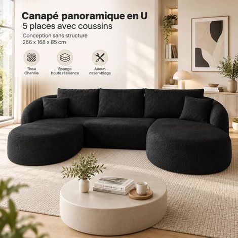 Canapé Modulable 266x168x85cm 5 Places Sans Aucun Montage - Canapé d'angle - Forme U, Tissu Chenille, Mousse Haute Densité, Noir (1/5)