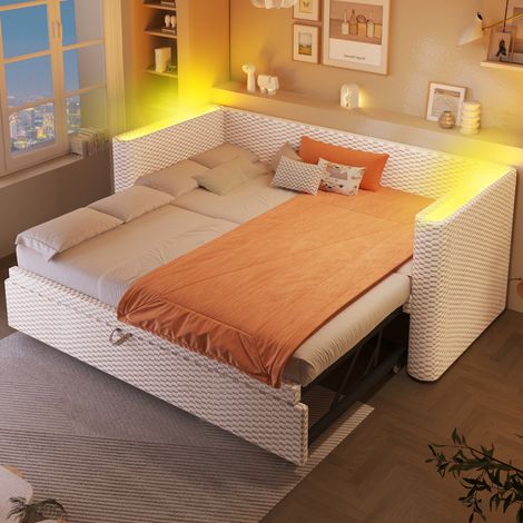 Sofá cama de terciopelo beige 90x200 cm, extensible a 180x200 cm, con LED y somier de láminas (1/5)