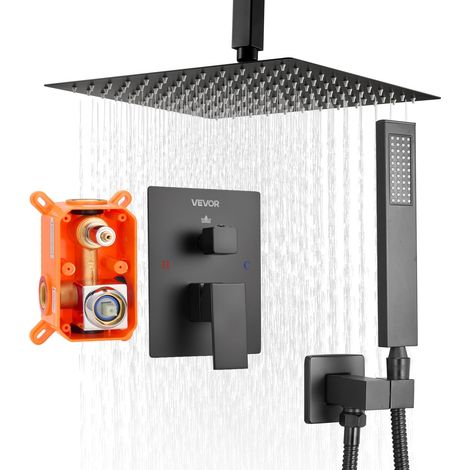 Ensemble de Robinetterie de Douche Encastrable, Système de Douche de Pluie avec Pommeau de Tête Carré 25,4 cm, Douchette à Main et Kit de Garniture, Montage au Plafond, Salle de Bain, Noir Mat (1/5)