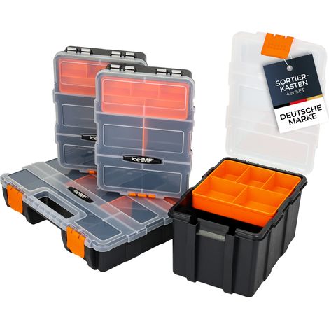 HMF Sortierbox 4-teilig leer, Sortimentskasten für Werkzeug und Kleinteile, 49 Fächer, transparenter Deckel, Schwarz-Orange (1/4)