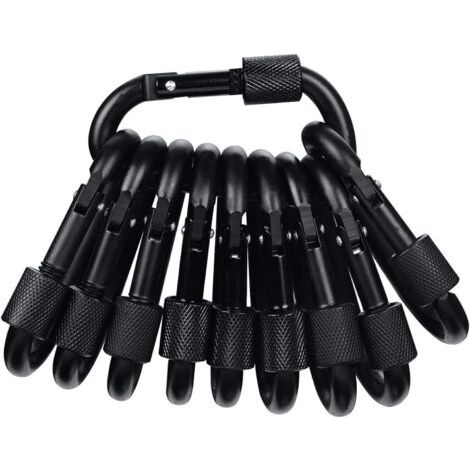 Lot de 10 Mousqueton en Forme D Noir, Mousquetons en Aluminium pour la Randonnée, Le Vélo, la Corde, la Pêche, Le Camping, Les Tentes, et Le Porte-Clés, Noir (1/5)