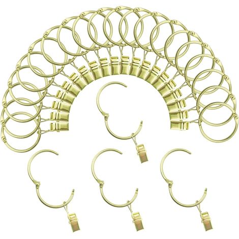 Anneaux de rideau ouvrables avec pinces de 3,8 cm de diamètre intérieur - Lot de 24 - Antirouille - Anneaux décoratifs pour rideaux en métal vintage doré (1/5)
