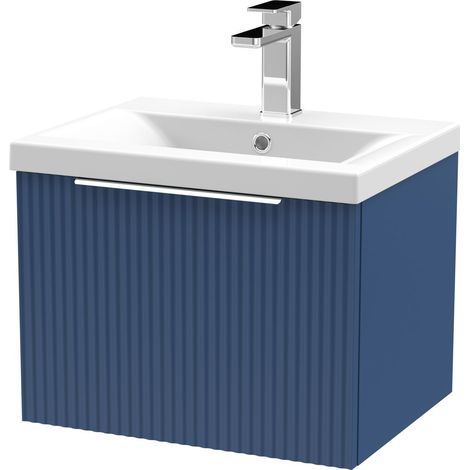 Contemporary Fluted 500mm Wall Hung Single Drawer Vanity and Mid-Edge Basin, Satin Blue, Chrome Handles