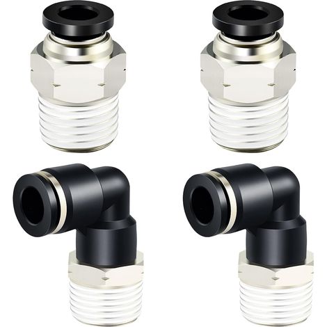 Combinaison connecteur coudé et droit raccord rapide PC‑1/4‑N2+PL‑1/4‑N2, Ø1/4 & 5/16 pouce filet NPT1/4 & NPT3/8, paquet 4 pièces, noir et argent5/16"OD x 3/8"NPT (1/5)