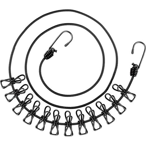 Corde à Linge Portable, Corde à Linge avec 12 Pinces, Élasticité Corde à Linge Camping, Simple et Portable, pour Camping, Voyage, Extérieur, Vacances, Balcon, (Noir) (1/5)