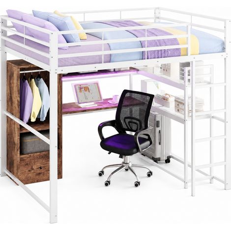 Lit mezzanine 140x200 gain de place en métal et MDF, avec bureau, 1 tiroir, étagères, LED 16 couleurs, garde-corps et escalier, blanc, sans matelas CHICFURN (1/5)