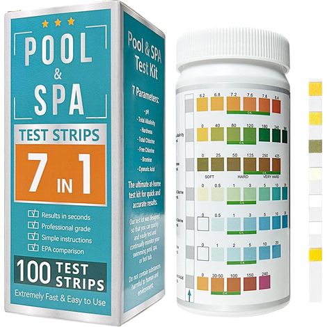 Bandelette Test Piscine et Spa 7 en 1 100pcs, Kit Test Eau facile et précis pour piscine, spa, spa et plus encore, Tester pour pH, alcalinité, dureté, chlore, brome et acide cyanurique