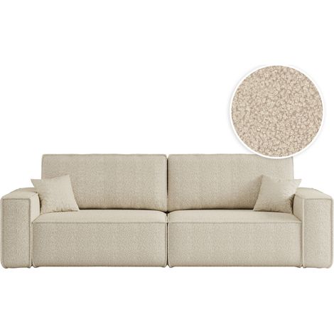 Loungitude – Canapé convertible 3 places en tissu bouclette – Dossier basculant – Coffre de rangement – 2 coussins d'appoint – Beige (1/5)