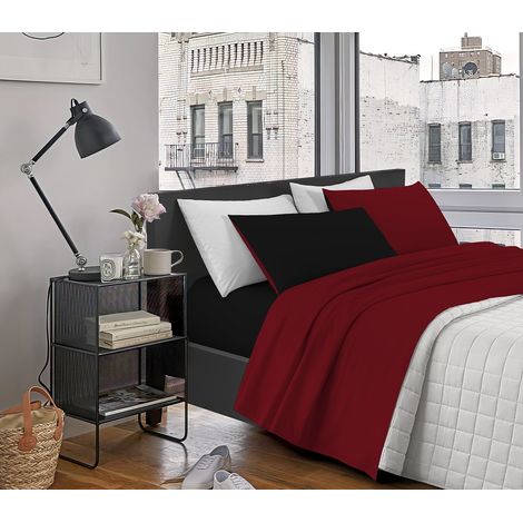 Completo Letto In Morbido Cotone Di Flanella Antipilling Set Lenzuola Bicolore Lenzuolo Sopra Sotto Federe Bordeaux-Nero - Matrimoniale (1/5)