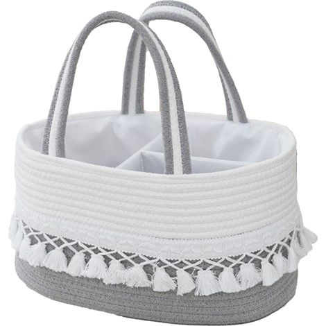 Panier de rangement bébé [Gris clair/Blanc] 36x22x18cm osier tissé à la main avec pompons compartiments amovibles portable (1/5)