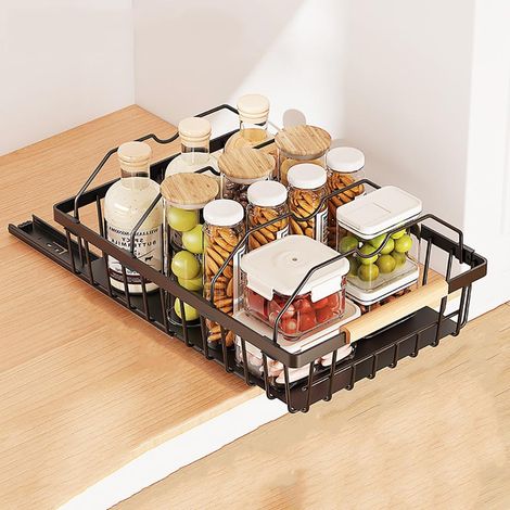 Tiroir de cuisine extensible avec poignée - Étagères de rangement en métal pour armoires de cuisine, salle de bain - 28 cm de profondeur x 39,5 cm de largeur x 9,8 cm de hauteur (1/5)