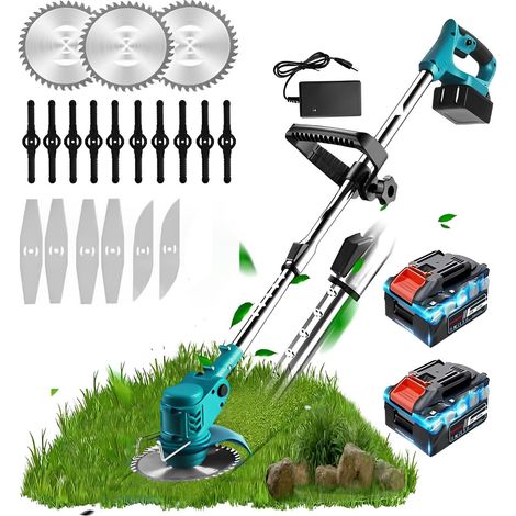 Akku Rasentrimmer,21V Freischneider Akku Elektrischer Rasentrimmer mit 2 X Batterien und Ladegerät, 90°Drehkopf, Teleslopstiel, Rasenkantenschneider Akku-Motorsense für Garten
