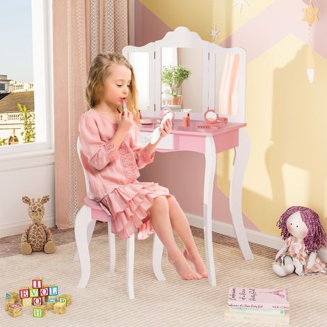 Ensemble de Coiffeuse et Tabouret pour Enfants de 3 à 7 Ans avec Miroir Acrylique Pliable en 3 Parties Tiroir et Accessoires Blanc (1/3)
