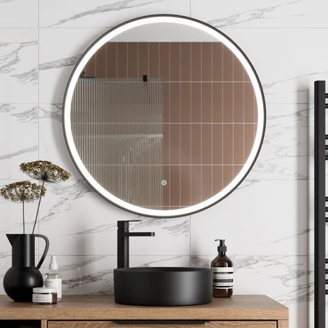 Aquari Round LED Mirror Illuminated Touch Bathroom Demister Mains Matt Black 800mm (1/4)