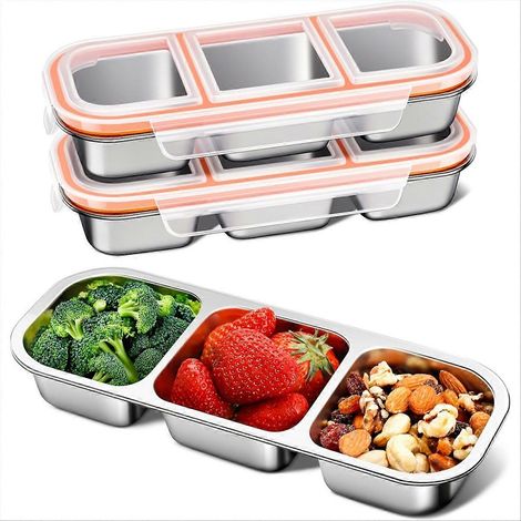 Lot de 3 boîtes à goûter en acier inoxydable à 3 compartiments pour enfants et adultes - Boîtes Lunchable pour garderie et école (1/5)