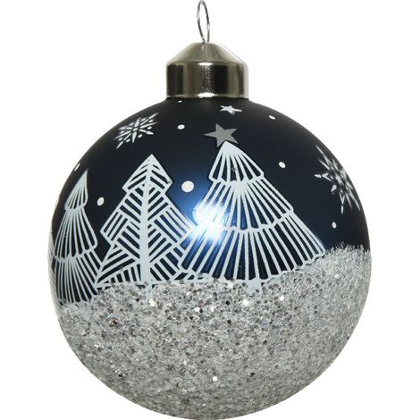 SFERA NATALIZIA 8CM BLU /AZZURRA CON ALBERI IN VET