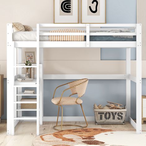 Lit mezzanine style simple 140x200 cm en pin avec bureau et 4 rangements, blanc antique (1/5)