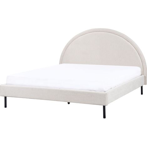 Letto matrimoniale in tessuto beige chiaro imbottito con base a doghe e testiera rotonda 160 x 200 cm Margut