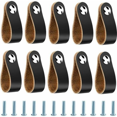 Poignee Cuir, 10 Pièces Poignées Meuble en Cuir pour Salle de Bain Cuisine Armoires de Portes - 14 x 2.5 cm, Noir