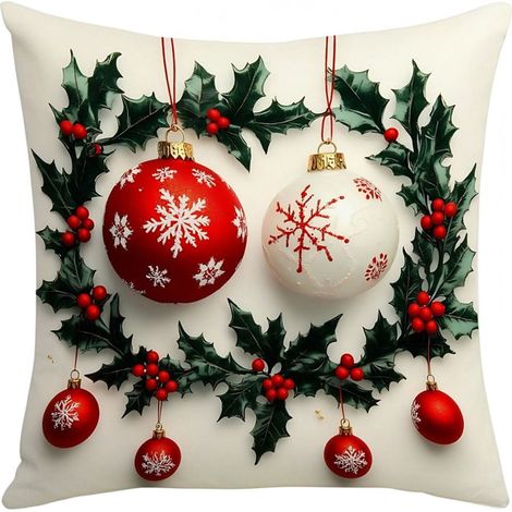 Housse De Coussin Noel - 45 X 45 Cm - Motifs Pere Noel Arbre Et Guirlande - Fermeture Eclair Cachee - 1 Unite (1/5)