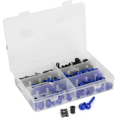 Kit 173 pièces de vis carénage moto, boulons pare-brise, écrous et fixations pour motocyclette, quincaillerie bleue, visserie complète.