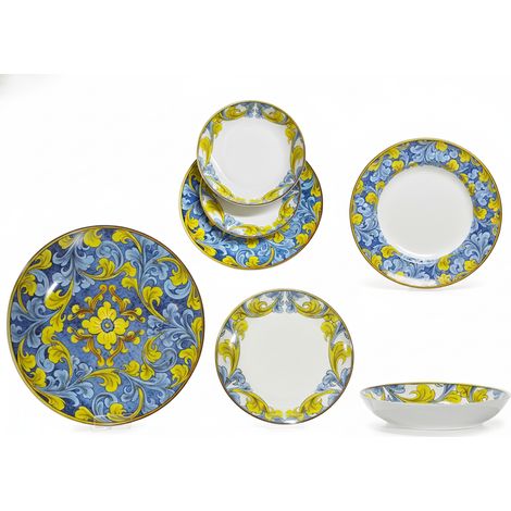 Servizio Piatti 18 Pezzi in Porcellana Decorata – Stile Classico Barocco Floreale Blu e Giallo – Piatto Piano Fondo Frutta – Servizio Tavola Elegante per 6 Persone
