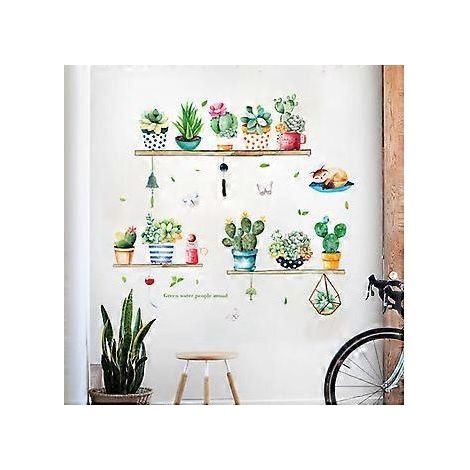 Stickers muraux décoratifs amovibles avec cactus en pot frais pour salon ou chambre, stickers muraux cactus verts, sticker mural chat avec plantes (1/5)