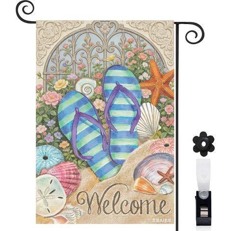 Drapeau vertical tongs violettes et plage 30 x 45 cm décoration saisonnière cour (1/5)